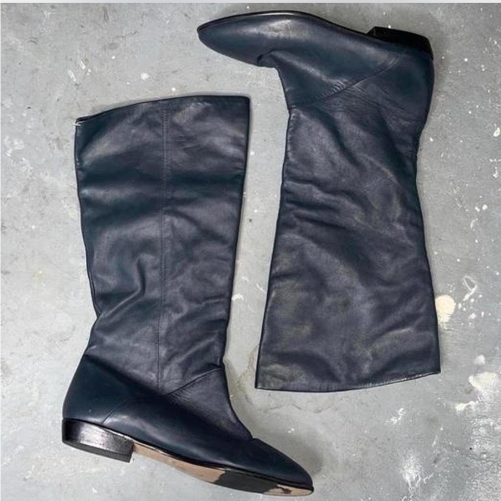 Navy Leather Knee-High Boots